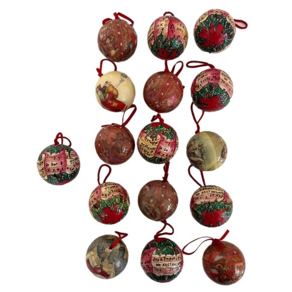 Set of 16 1.5” Paper Mache Decoupage Old Country Christmas Ornaments Vintage